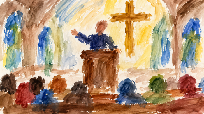 Ein Aquarellbild eines Kindes von einem Prediger, der zu einer Gemeinde in einer Kirche spricht.
