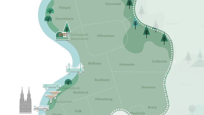 Die Karte zeigt die Umrisse der Region Köln-Rechtsheinisch Nord des Evangelischen Kirchenkreises Köln-Rechtsrheinisch