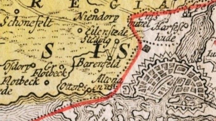 Historische Karte mit hervorgehobenen Regionen entlang der Elbe und Saale sowie eingezeichneten Grenzlinien.