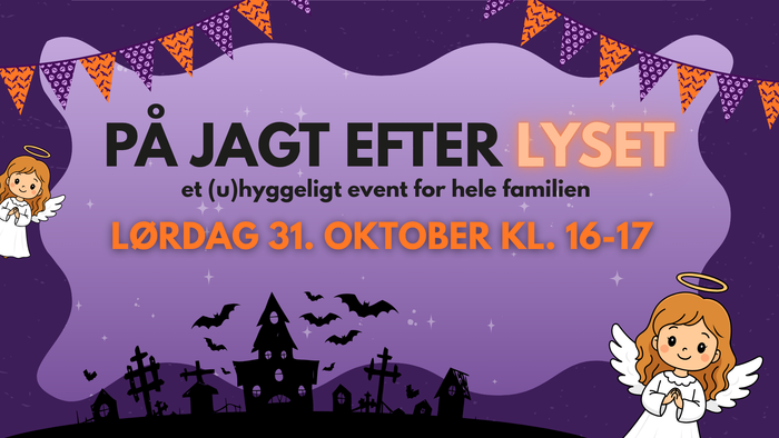 Grafisk opsætning lilla baggrund med engle. Tekst: På jagt efter lyset.