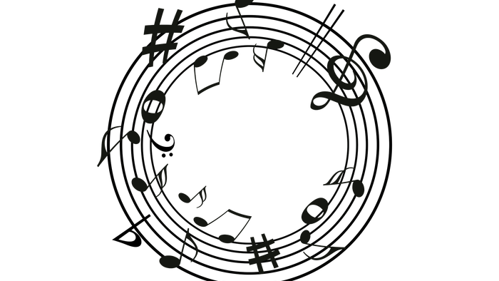 Abstrakte musikalische Noten und Symbole, die in einem kreisförmigen, leuchtenden Muster vor einem dunklen Hintergrund angeordnet sind.