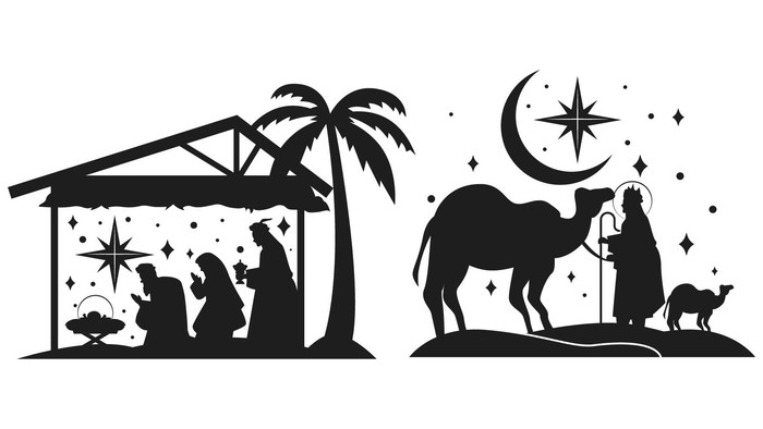 Vier Silhouetten von Weihnachtskrippe-Szenen mit Engeln und Sternen