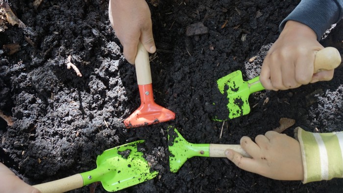 Kinderhände graben mit Schaufeln und Haken in dunkler Erde.