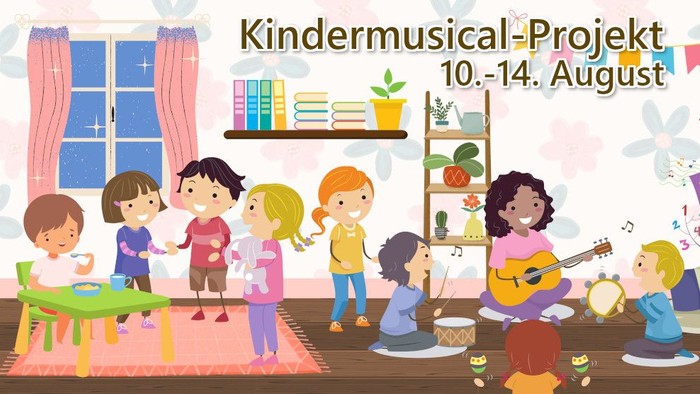 Illustrierte musikalische Kinderveranstaltung mit Kindern, die vom 10. bis 14. August Instrumente spielen und singen.