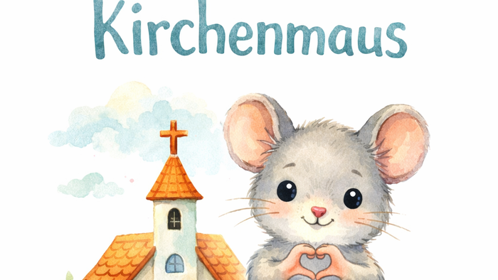 Niedliche Cartoon-Maus namens Kirchenmaus, die mit einer herzförmigen Pose vor einer Kirche steht.