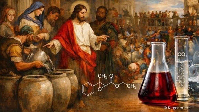 Eine biblische Szene von Jesus, der bei einer Hochzeit in Kana Wasser in Wein verwandelt, kombiniert mit chemischen Illustrationen.