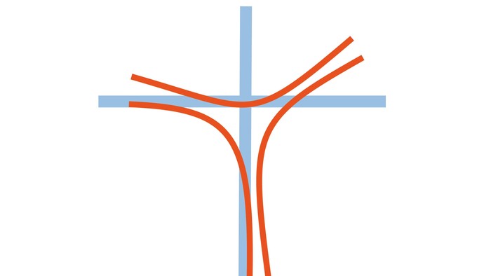 Logo Christi-Auferstehung in Form übereinandergelegter farbig gezeichnete Kreuze