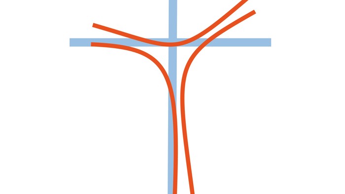 Logo Christi-Auferstehung in Form übereinandergelegter farbig gezeichnete Kreuze