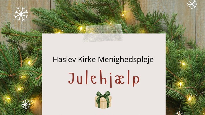 Julehjælpsopslag fra Haslev Kirke med QR-kode og ansøgningsfrist for frivillig hjælp.