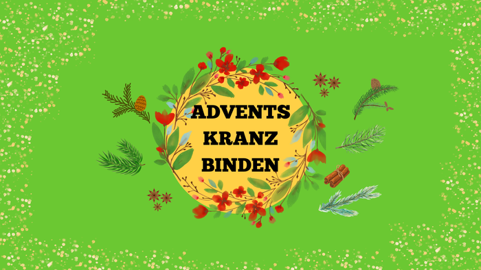 Bunte Adventskranz-Bastelillustration mit festlichem Grün, Beeren und dem Spruch „Adventskranz Binden“.