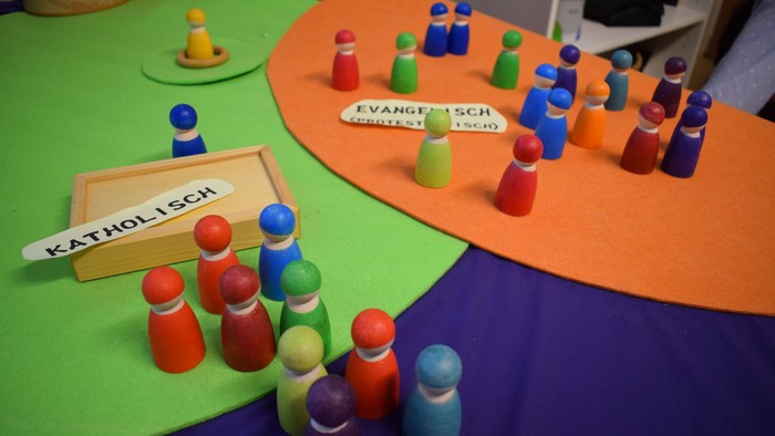 Symbolbild Religionsunterricht: Darstellung von Katholisch und Evangelisch mit Spielfiguren.