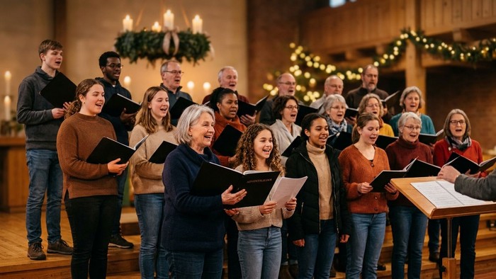 Chor aus Menschen verschiedener Generationen singt bei Kerzenlicht, im Hintergrund Adventskranz und Tannengrün mit Lichterketten.