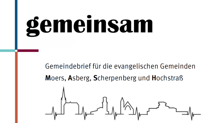 Gemeindebrief für evangelische Gemeinden in Moers, Asberg, Scherpenberg und Hochstraß mit dem Titel *„gemeinsam“* und ECG-Grafik.