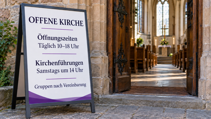 Vor dem geöffneten Portal einer Kirche steht ein Schild mit Informationen zu Öffnungszeiten und Kirchenführungen; durch die Tür fällt der Blick in den hellen Kirchenraum bis zum Altar.