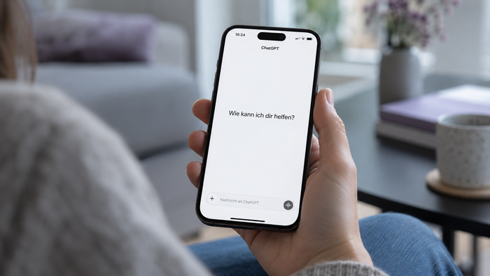 Eine Person hält ein Smartphone in der Hand, auf dessen Display die ChatGPT-Oberfläche mit der Frage „Wie kann ich dir helfen?“ zu sehen ist.