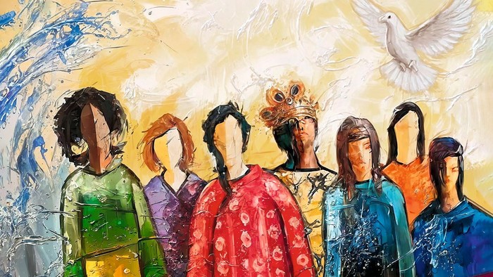Ein farbenfrohes Gemälde zeigt sieben stilisierte Frauen vor bewegtem Wasser; im Vordergrund stehen eine Weltkugel und eine goldene Waage, über der Gruppe fliegt eine weiße Taube.