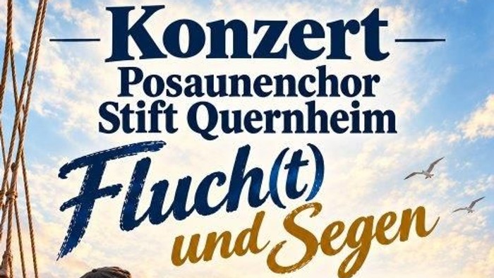 KI generiertes Plakat stellt eine auf die alte Heimat zurückblickende Familie an der Reling eines Schiffes dar. Einladung zum Konzert des Posaunenchores Stift Quernheim am 18.10.2026 zum Thema