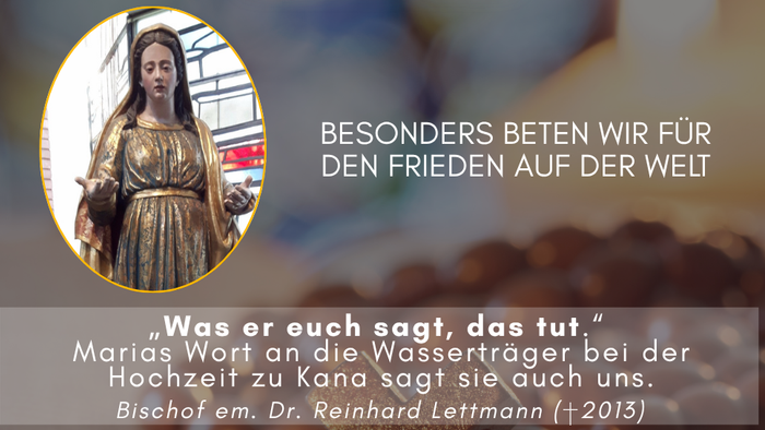 Plakat für den Rosenkranzmonat Oktober 2026: Gebetsvigil für den Weltfrieden – freitags um 17:00 Uhr in Bergen.