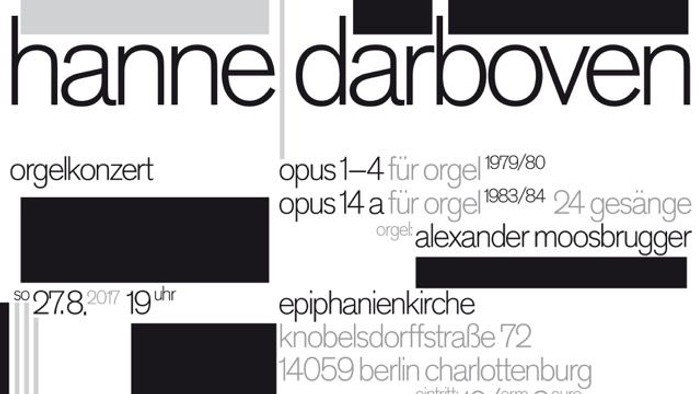 Plakat für ein Orgelkonzert mit Musik von Hanne Darboven mit Werken opus 1–4 und opus 14a am 27. September 2017.