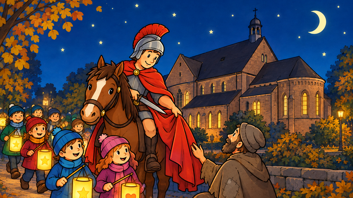 Bild eines Martinszug im Comic-Style vor den Kirche St. Marien Rothebusch