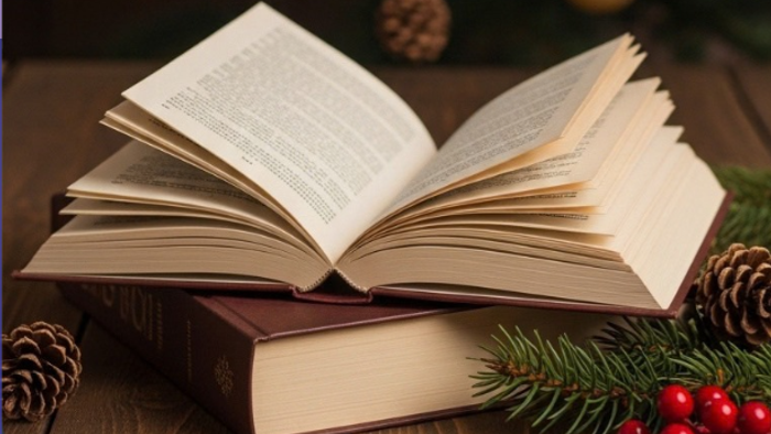 Zwei Bücher auf einem Holztisch mit Tannenzwei und Tannenzapfen