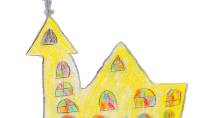 Bunte Kreidezeichnung einer Kirche mit lebendigen Buntglasfenstern und einem Kreuz auf der Spitze.