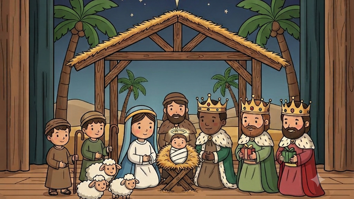 Illustrierte Weihnachtskrippe mit Maria, Josef, dem Jesuskind, Hirten und den Heiligen Drei Königen unter einem sternenklaren Nachthimmel.