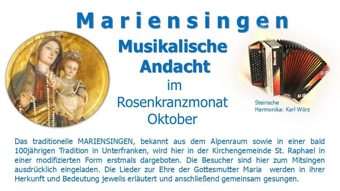 Plakat kündigt traditionelle Mariensingen-Veranstaltungen zur Ehre der Jungfrau Maria während des Rosenkranzmontags im Oktober mit Gesang und Gebet an.