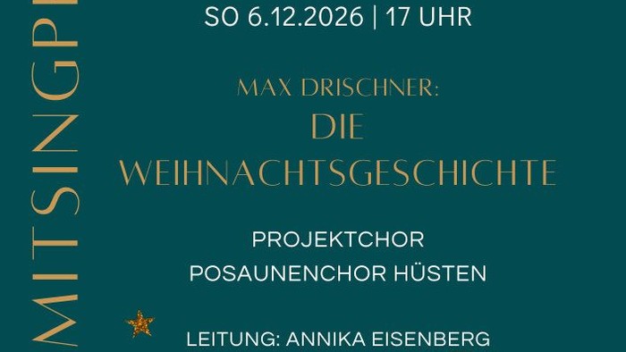 Plakat Musikalischer Advent (grüner Hintergrund, goldene und weiße Schrift, kleine goldene Sterne sind oben und unten zu sehen, sowie ein weißer Violinschlüssel im unteren Drittel)
