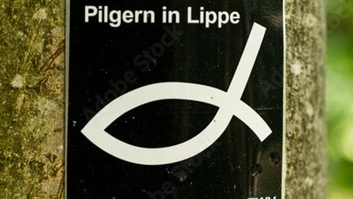 Auf einem Baumstamm steht ein Schild mit der Aufschrift *„Pilgern in Lippe“*, einem Fischsymbol und der Markierung *„TWV“*.