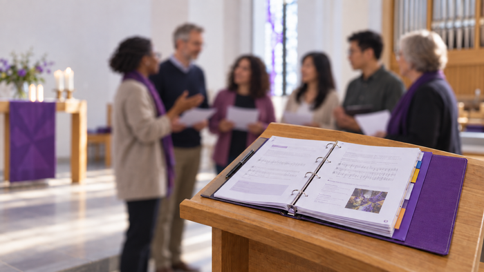Im Vordergrund liegt ein geöffneter Ordner mit Texten und Noten auf einem hölzernen Pult. Im unscharfen Hintergrund stehen sechs Menschen unterschiedlichen Alters und verschiedener Herkunft in einer Kirche im Gespräch.
