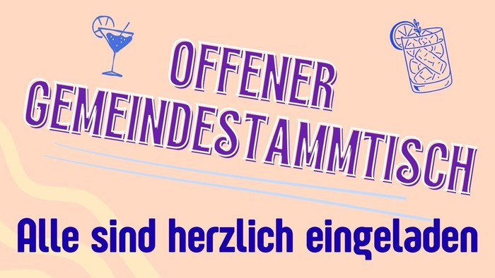 Einladungsplakat für ein offenes Gemeinschaftstreffen mit Diskussionen zu Glauben, Gemeinschaft und Ideenaustausch in Berlin.