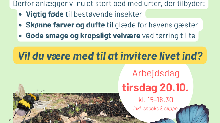 Plakat med fællesskabsinvitation til havearrangement for bier og sommerfugle på Jakobskirkens arbejdsdag.