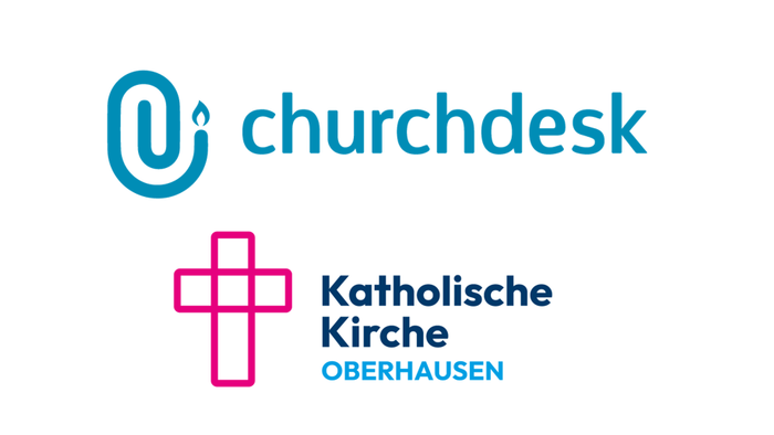 Logos für die Churchdesk-Software und die Katholische Kirche Oberhausen, eine katholische Kirche in Oberhausen, Deutschland.
