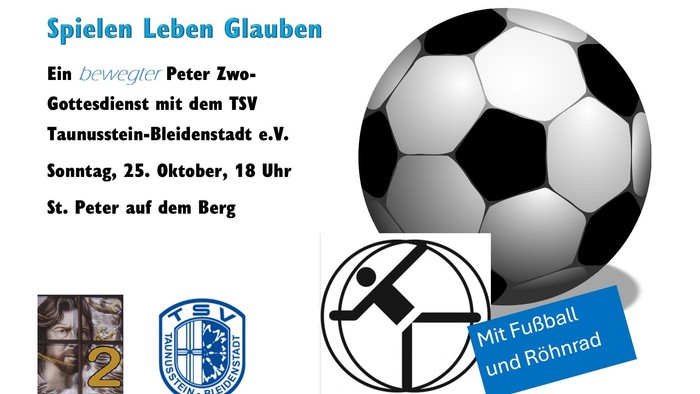 Ankündigung eines Gottesdienstes mit dem TSV Bleidenstadt mit Fußball und Rhönrad