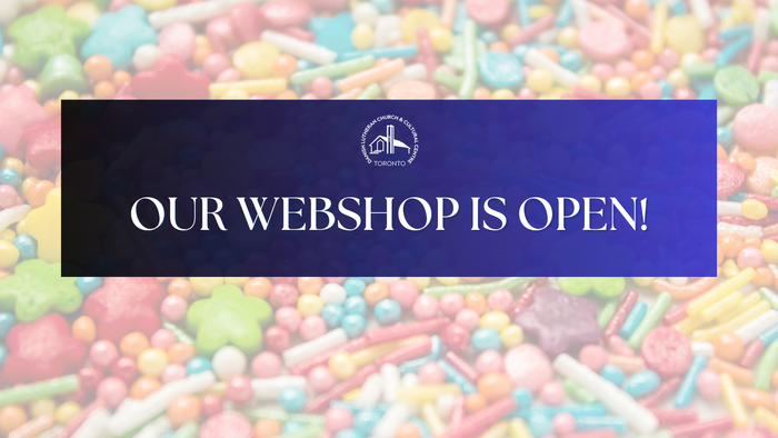 Announcement banner celebrating the launch of a colorful candy-themed webshop with an open sign.