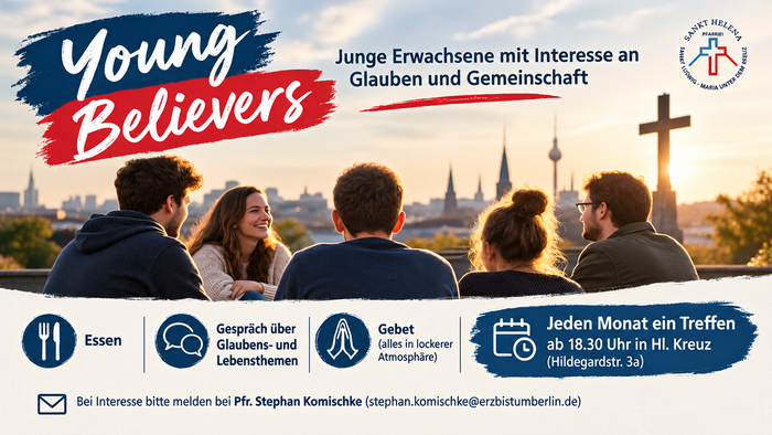 Monatliches Treffen junger Erwachsener in Berlin für glaubensbasierte Gespräche, gemeinsame Mahlzeiten und Gebet.