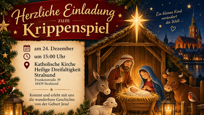 Einladung zur Weihnachtskrippe mit Details für den 24. Dezember in einer katholischen Kirche in Stralsund.