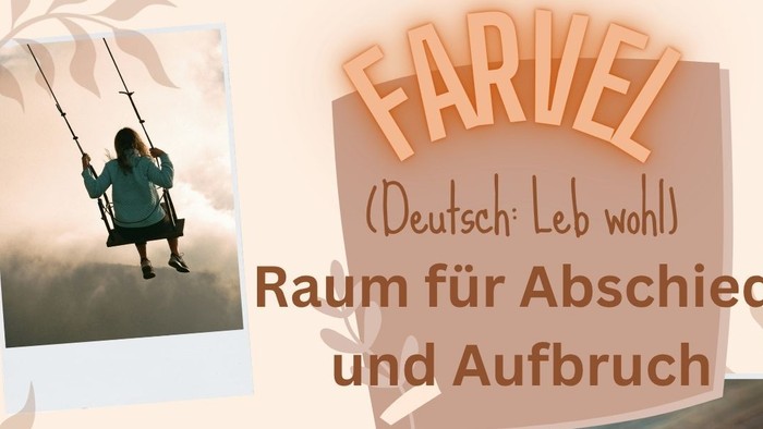 Abschieds- und Übergangsveranstaltungsplakat auf Deutsch mit Fotos und Details für ein Gemeinschaftstreffen in Kassel.