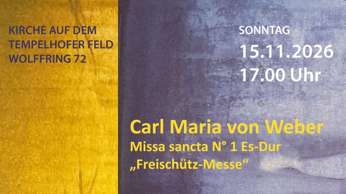 Konzertplakat für eine klassische Musikveranstaltung mit Webers *„Freischütz-Messe“* und Rheinbergers *„Stabat mater“* am 15. November 2026.