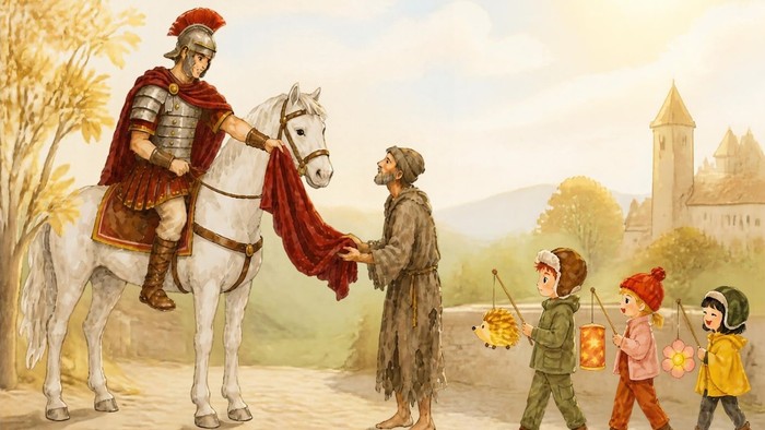 Kinderkirche am 8.11.26 in Hainzell um 11 Uhr zum Thema Sankt Martin. Auf dem Bild ist ein Reiter auf einem Pferd zu sehen. Vor ihm steht ein in Lumpen gekleideter Mann. Außerdem laufen drei Kinder mit Laternen am Weg.