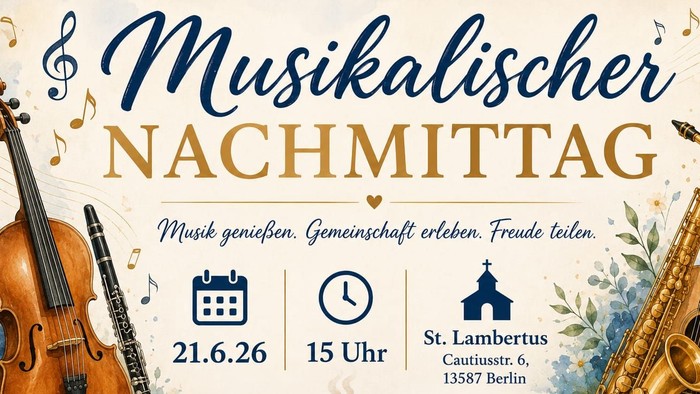 Einladungsposter für einen musikalischen Nachmittag mit Instrumenten, Tee und Kuchen inklusive Kontaktdaten.