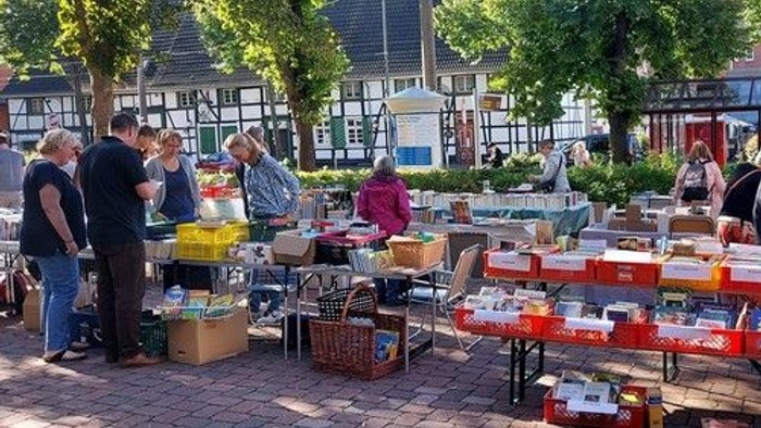 Flohmarkt im Freien mit Menschen, die verschiedene Artikel wie Bücher, Pflanzen und Haushaltswaren durchstöbern.