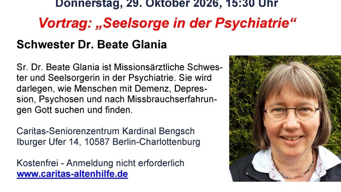 Plakat zur Ankündigung eines kostenlosen Vortrags zum Thema *„Seelsorge in der Psychiatrie“* von Schwester Dr. Beate Glania am 29. Oktober 2026.