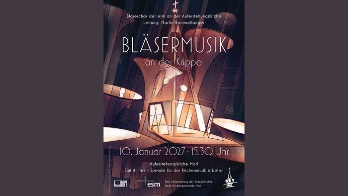 Das Plakat zeigt eine Kirche und informiert wie folgt: Bläserkonzert an der Krippe Sonntag, 10. Januar 2027, 15:30 Uhr in der Auferstehungskirche