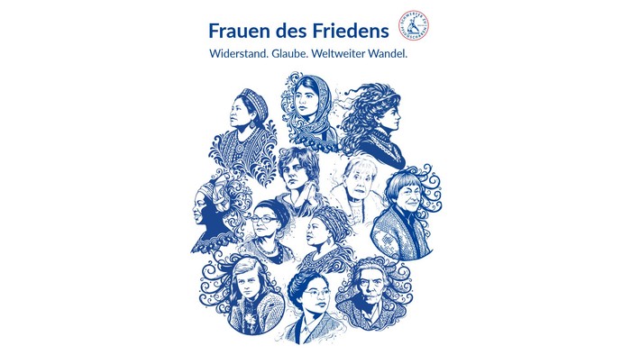 Illustrierte Hommage an Frauen, die für Frieden, Glauben und weltweiten Wandel Widerstand leisteten – mit stilisierten Porträts.
