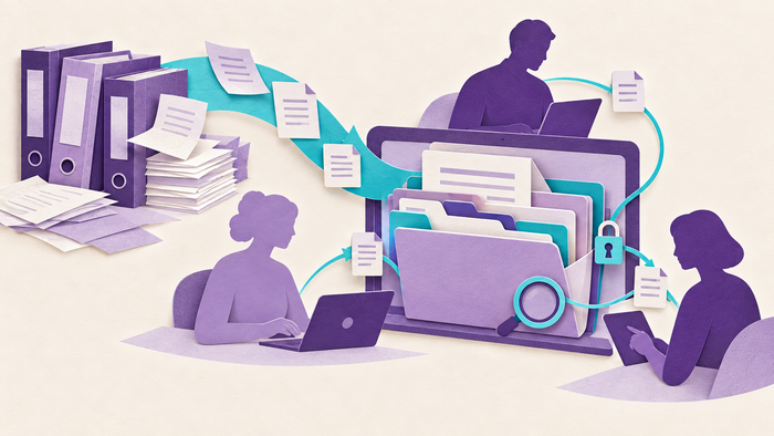 Illustration: Papierordner und Dokumentenstapel gehen in eine zentrale digitale Ablage. Drei Personen greifen über Laptop und Tablet darauf zu; Pfeile, Lupe und Schloss symbolisieren Datenaustausch, schnellen Zugriff und Sicherheit.