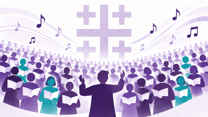 Schematische Illustration einer großen Chorgemeinschaft in Violett mit einzelnen türkisfarbenen Figuren. Im Vordergrund dirigiert eine Person die Singenden mit Notenblättern. Über dem Chor schweben Musiknoten und ein hellviolettes Kirchentagskreuz.