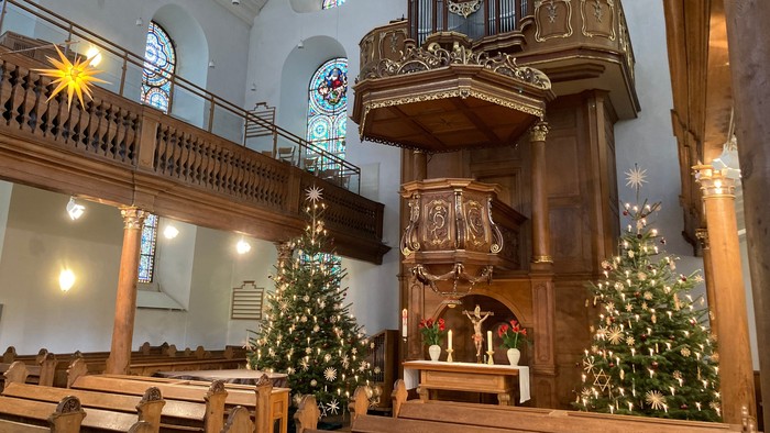 Innenraum einer Kirche mit Weihnachtsbäumen und großer Orgel