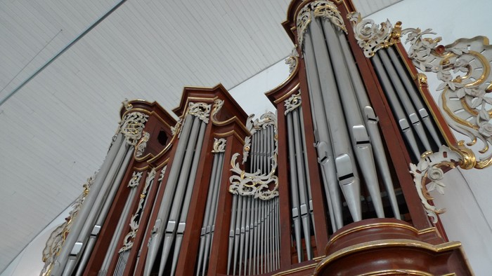 Elegante Orgelpfeifen mit aufwendiger Goldverzierung und filigranen Schnitzereien an der Fassade einer prächtigen Orgel.